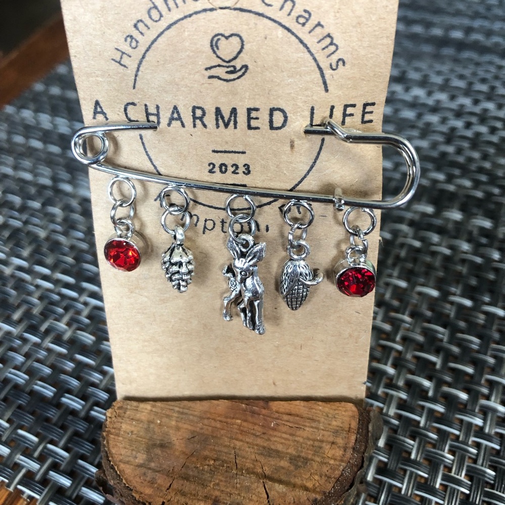 NWT, Handmade by A Charmed Life. Silver Pin with Woodland Charms.